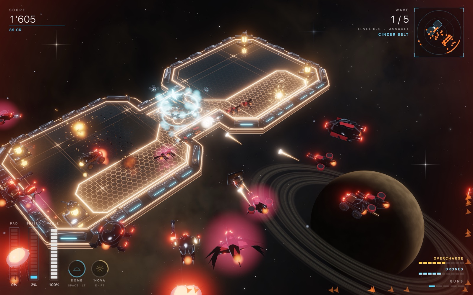 A fight in GelHelle: a glowing glass deck in space, the ship at its centre firing at a swarm of red-lit enemies, a ringed planet below